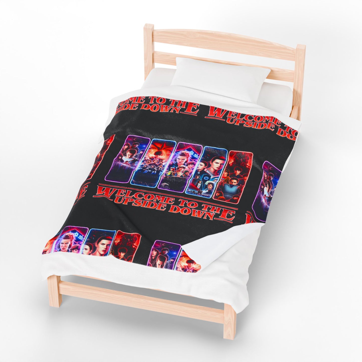 Welcome to the Upside Down Velveteen Plush Blanket — Retro Sci‑Fi Character Collage
