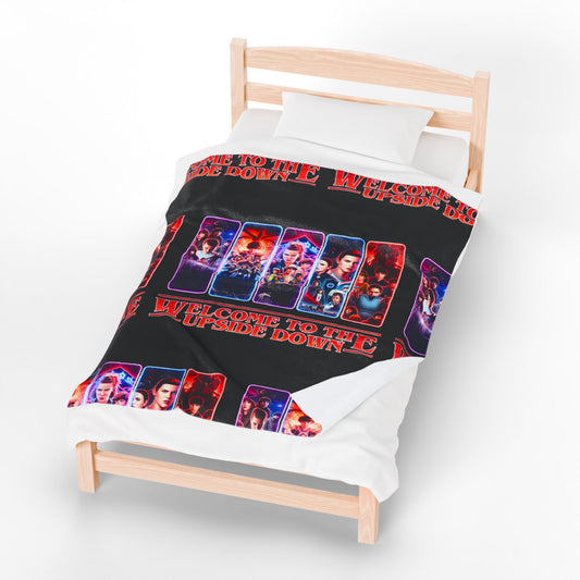 Welcome to the Upside Down Velveteen Plush Blanket — Retro Sci‑Fi Character Collage