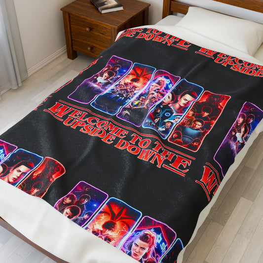Welcome to the Upside Down Velveteen Plush Blanket — Retro Sci‑Fi Character Collage